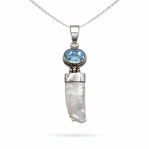 Venus and Vulcan Jewelry - S925 Swiss Blue Topaz & Freshwater Pearl Pendant